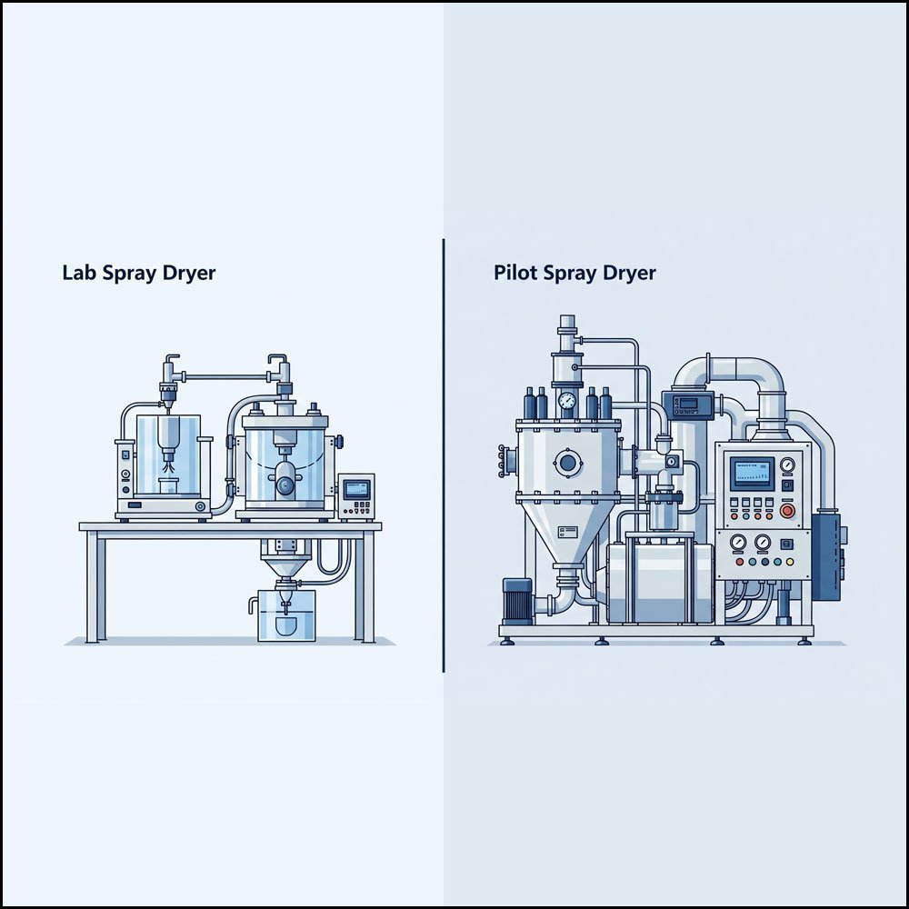 How does a pilot spray dryer differ from a lab spray dryer in scale and features