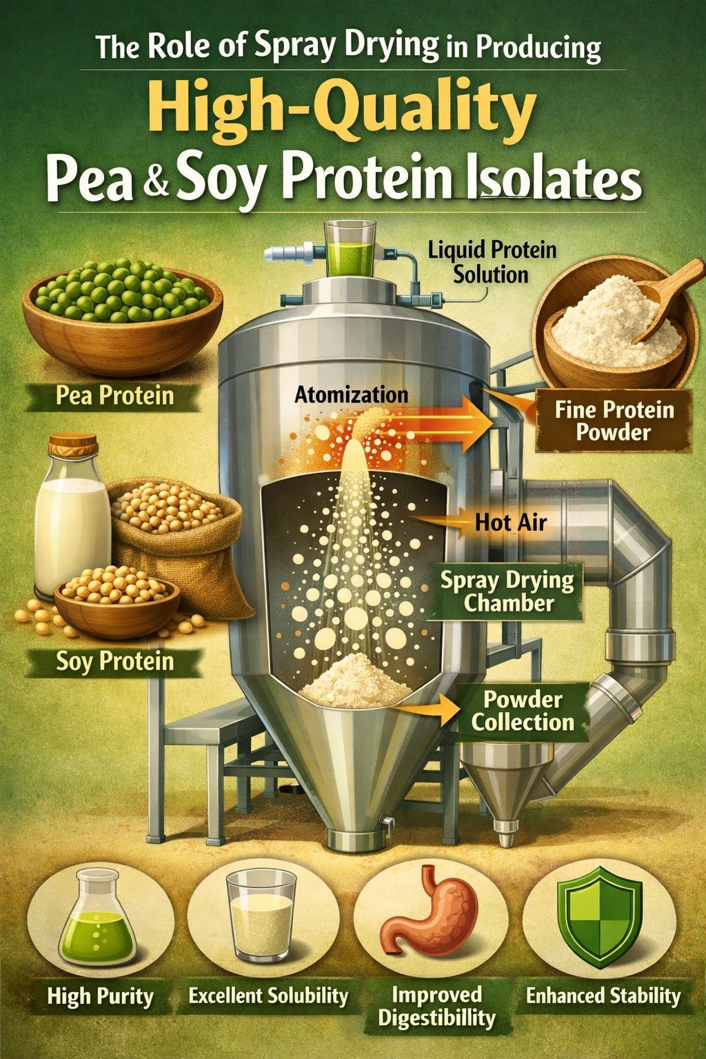 The role of spray drying in producing high-quality pea and soy protein isolates.