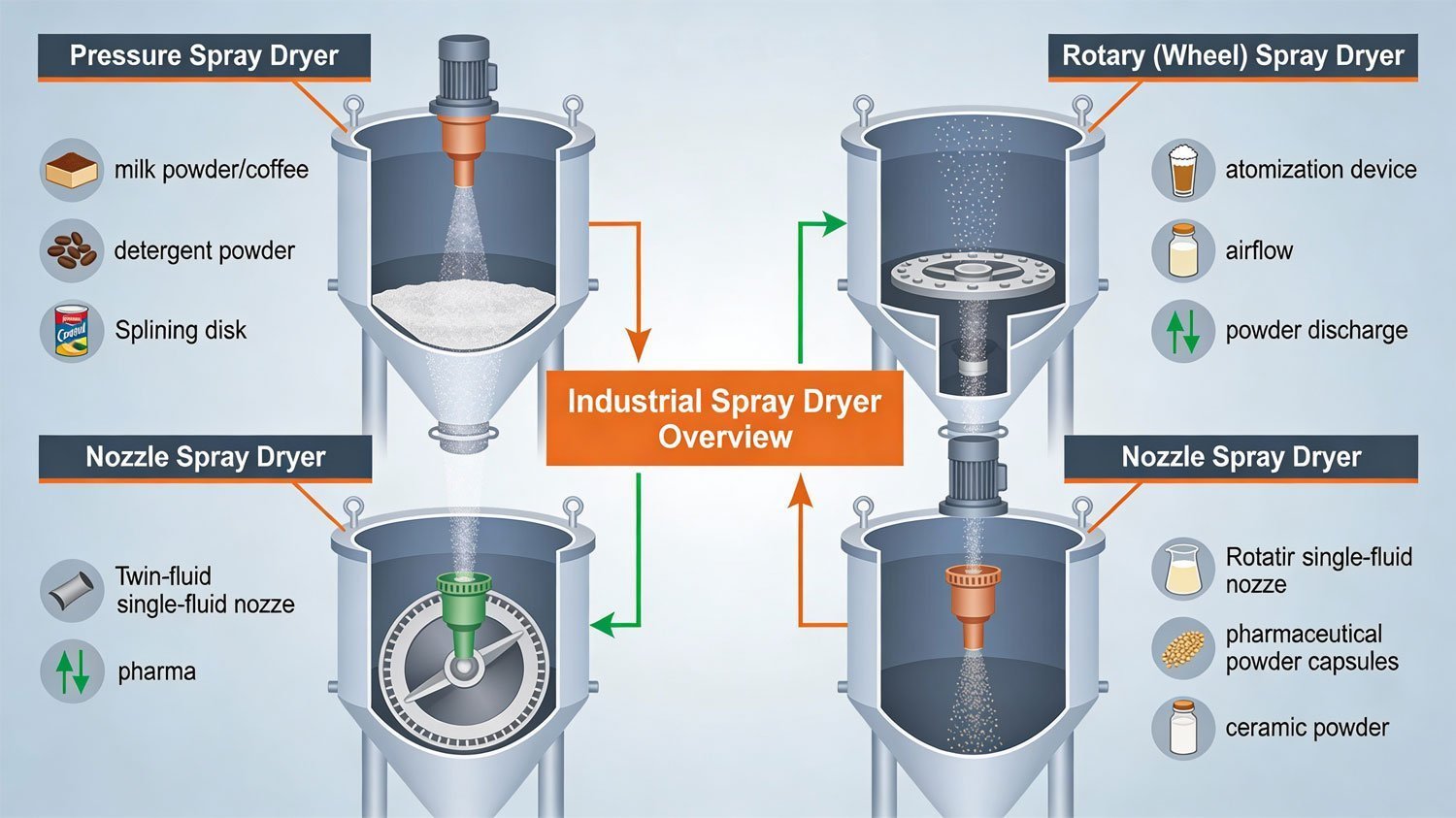 Types of Industrial Spray Dryers: Pressure, Rotary, Nozzle, and Their Ideal Applications