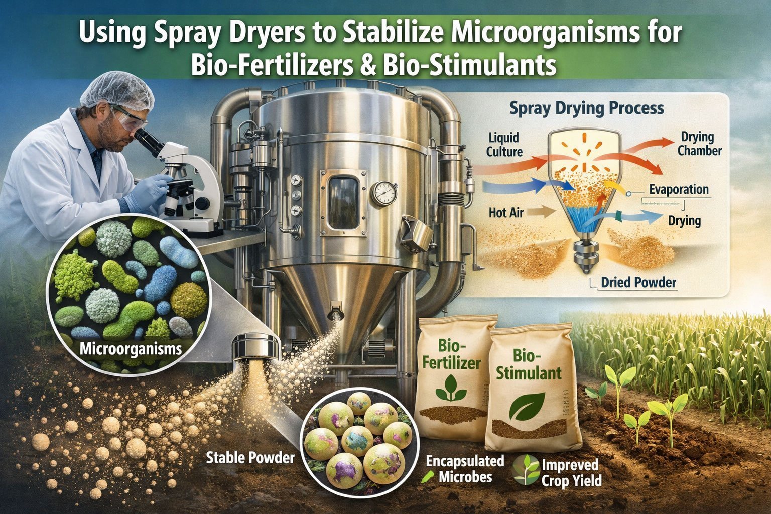 Using spray dryers to stabilize microorganisms for bio-fertilizers and bio-stimulants.